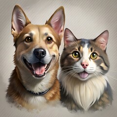 portrait of happy dog and cat that looking