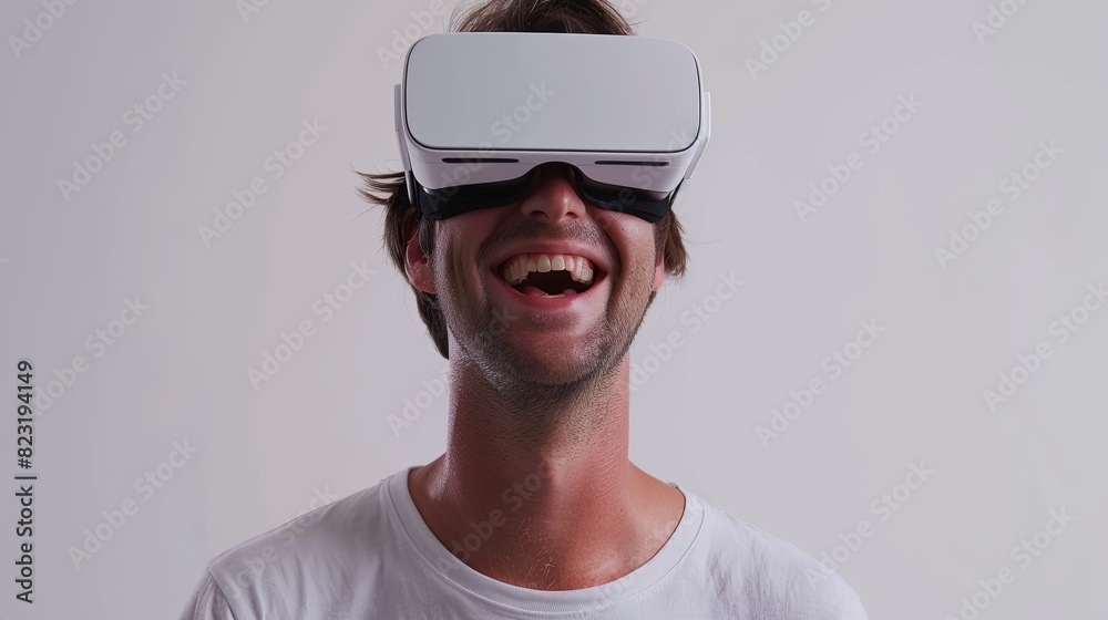 Wall mural A man in a white t-shirt joyfully wears VR glasses against a white background, showcasing a blend of reality and virtual experience. Generative AI