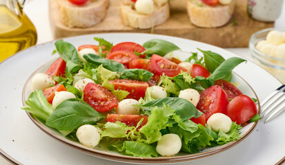 Salad with mozzarella, cherry tomatoes and green lettuce in a white round plate on the table