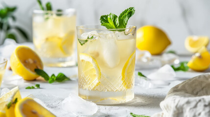 Fototapeta premium Refreshing summer cocktails with lemon vodka, garnished with lemon slices and mint leaves, served chilled on a white table.