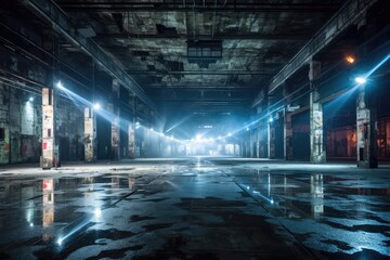 Obraz premium Old Abandoned Warehouse Used for Underground Techno Party Raves, Lowered Dacne Floor