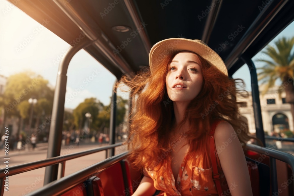 Wall mural cheerful female tourist on an open double-decker bus driving along urban road