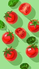 Bright illustration of juicy red tomatoes, whole and halved, with green leaves on a soft green background. Perfect for fresh produce concepts.