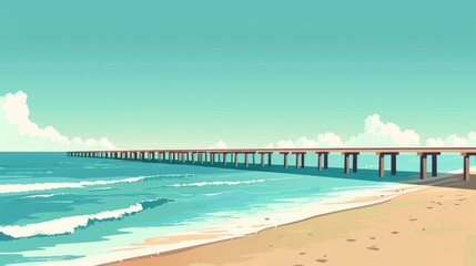 A Beach With A Long Wooden Pier Stretching Out Into The Ocean, Cartoon ,Flat color