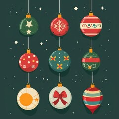 Colorful Christmas ornaments hanging in patterned designs on a dark green background, festive holiday decoration.