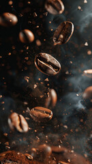 Coffee Beans in Flight Against Dark Backdrop