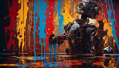 A detailed robot surrounded by colorful paint splashes in a creative and visually striking artistic setting.. AI Generation
