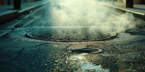 Sewer Manhole Steam Escaping on City Street, Heat Loss Concept, Urban Infrastructure, Ventilation System