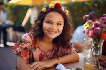 portrait od smiling girl sitting at table on a garden party