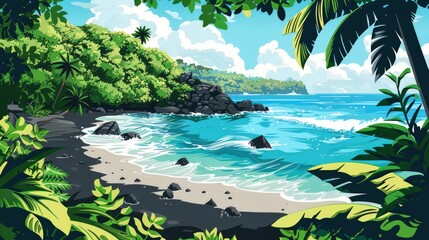 A Beach With Black Sand And Bright Turquoise Water, Framed By Lush Greenery, Cartoon ,Flat color