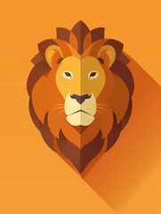 Obraz premium Modern flat design lion head illustration on orange background, perfect for digital projects, websites, and graphic design.