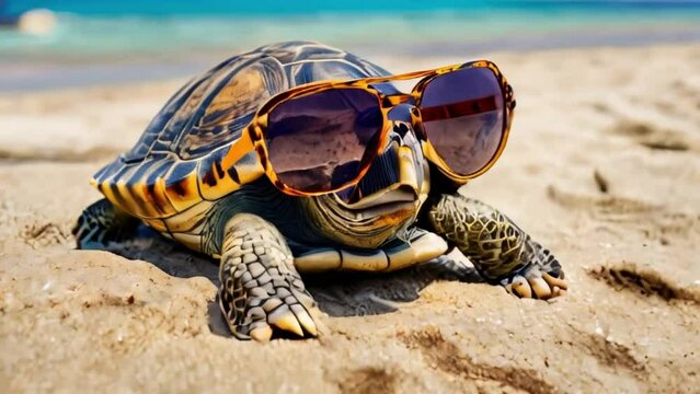 Turtle in sunglasses on beach. Concept of summer vacation sunny day