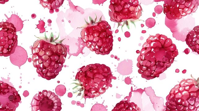 Pattern of vibrant watercolor raspberries on a white background. Perfect for wrapping paper, textiles, and design projects.