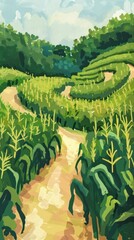 Vibrant hand-drawn illustration of a lush green cornfield with winding pathways under a clear sky, perfect for agricultural and nature themes.