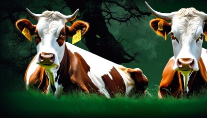 This image captures two cows, one sitting and one standing, in a vibrant green meadow with dark trees in the background, exuding a serene rural atmosphere.. AI Generation