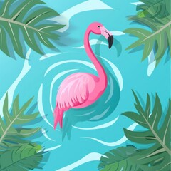 Vibrant pink flamingo swimming in a tropical pond surrounded by lush green leaves and clear blue water, creating a serene scene.
