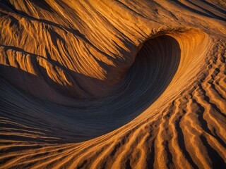 Formation resembling wave, crafted from sand, focal point of image. Sunlight casts golden hues,...