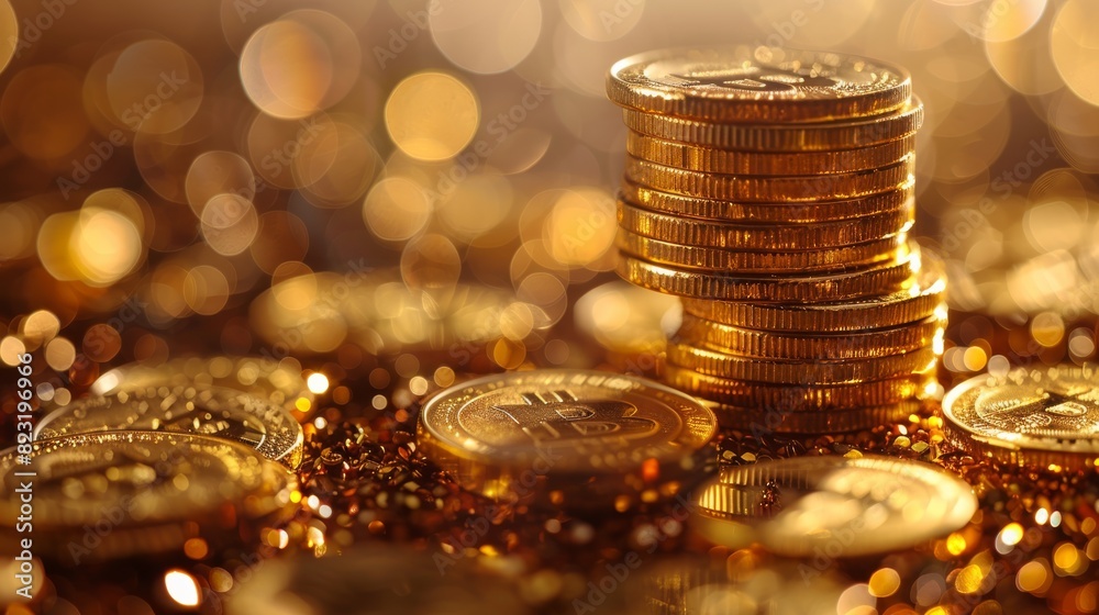 Poster A stack of golden coins symbolizing wealth and prosperity, arranged neatly against a shimmering gold background. Generative AI.