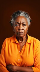 Orange background sad black american independant powerful Woman realistic person portrait of older mid aged person beautiful bad mood expression 