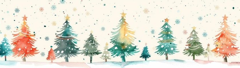 Fototapeta premium Watercolor Christmas trees with colorful decorations, snowflakes and a festive atmosphere, perfect for holiday greeting cards or seasonal designs.