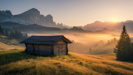 Photo of small wooden cabin on the grassy hill with beautiful view to mountains and foggy valley at sunrise