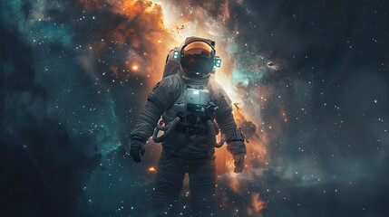 Dreamy cosmonaut on a spacewalk, surrounded by stars and planets