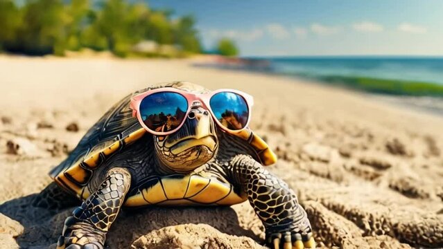 Turtle in sunglasses on beach. Concept of summer vacation sunny day