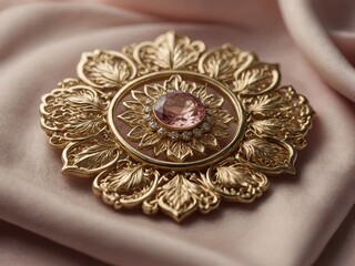 Naklejka premium Golden brooch with intricate floral patterns resting on soft, pink fabric. This creates striking contrast between metallic sheen of brooch, delicate texture of fabric.