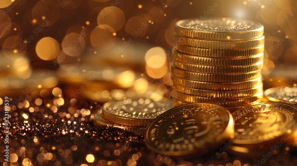 Aufkleber a stack of golden coins symbolizing wealth and prosperity, arranged neatly against a shimmering gold