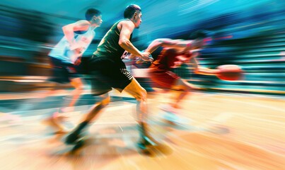Basketball players playing game. Abstract dynamic photography with motion blur