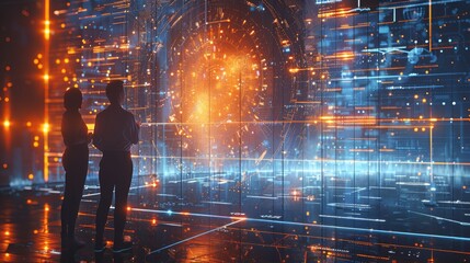 Corporate people talking with client, working together in conference room in office, sharing idea and planning the business strategy of their company, digital interface. Generative AI.