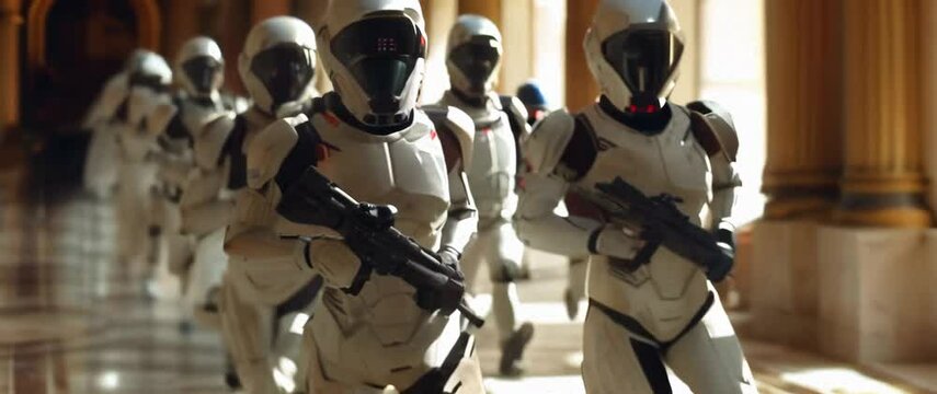 High quality anamorphic 4K AI-generated scene of armored troopers in white armor running through golden-lit corridor. Hyperrealistic CGI with perfect motion blur and dramatic lighting.