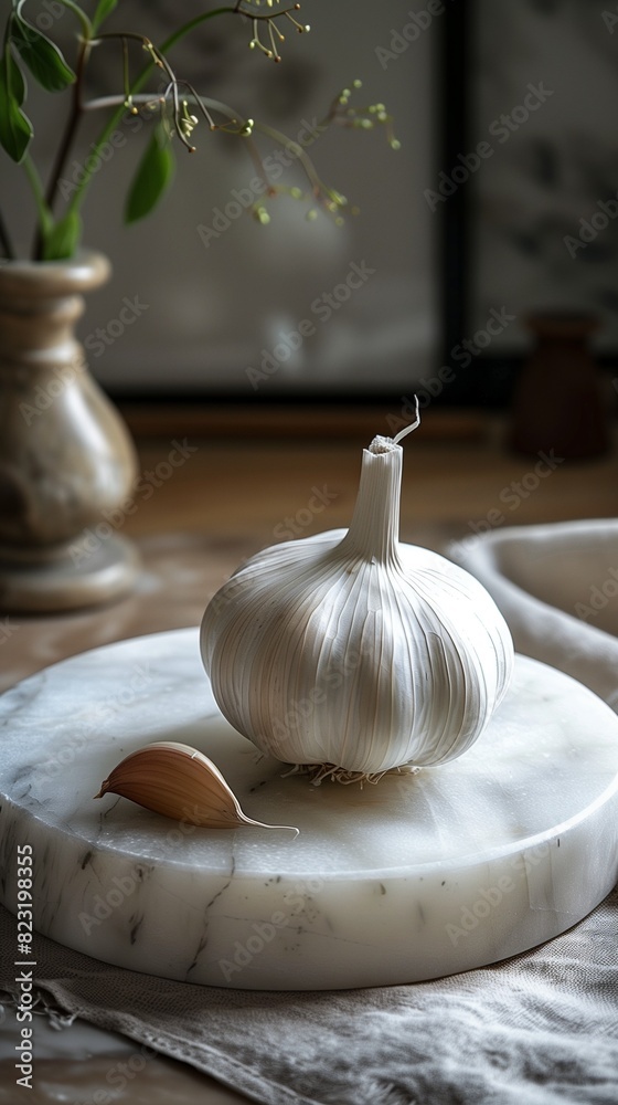 Wall mural AI generated illustration of garlic on a marble board