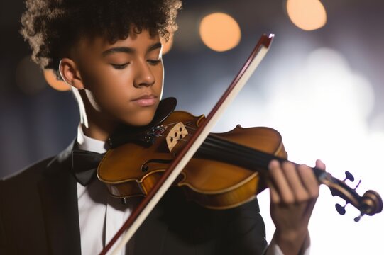 Close-up, cropped view of a mixed race teenage boy, 16 years old, playing the violin, wearing a tuxedo. The focus is on his hand. He is African-American, Asian and Hispanic - Powered by Adobe