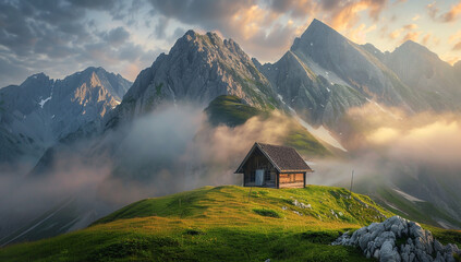 Photo of small wooden cabin on the grassy hill with beautiful view to mountains and foggy valley at sunrise - Powered by Adobe