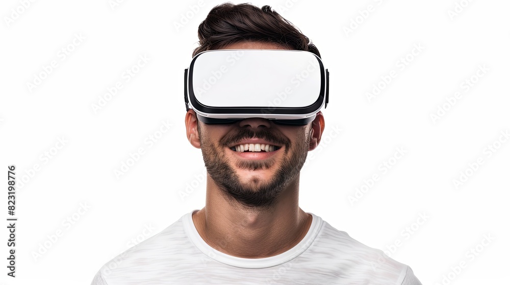 Poster a man in a white t-shirt joyfully experiencing virtual reality through vr goggles on a flat white ba
