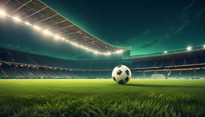 soccer stadium with illumination, green grass and night sky.