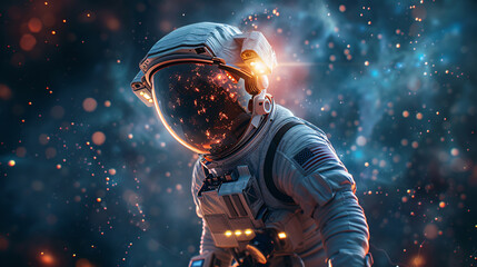 Dreamy space explorer with a glowing helmet, surrounded by purple cosmic elements