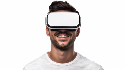 A man in a white t-shirt joyfully experiencing virtual reality through VR goggles on a flat white background. Generative AI