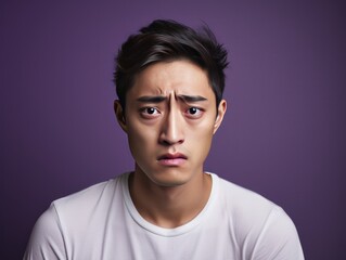 Purple background sad asian man realistic person portrait of young teenage beautiful bad mood expression boy Isolated on Background depression anxiety fear burn out