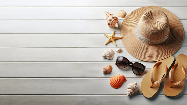 A hat, sunglasses and flip-flop with seashell on a white wooden deck, summer vacation design concept