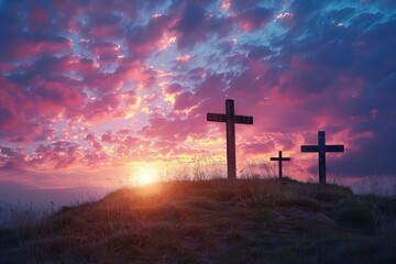 Three crosses on a hill at sunset