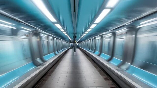 blurred background metro escalator / light blue background movement city infrastructure subway