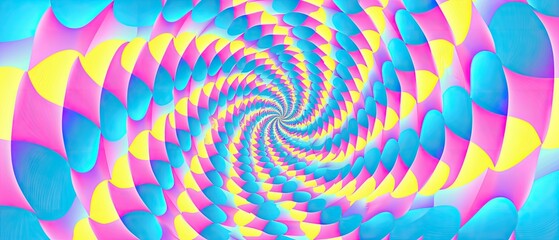Vibrant and colorful abstract spiral pattern with gradient hues of pink, blue, and yellow, creating a hypnotic and energetic visual effect.