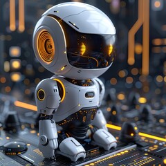 Fototapeta premium Cute robot working at computer. Futuristic worker. Humanoid call center. Support job and technologies. Futuristic robot with artificial intelligence or AI. High quality AI generated image