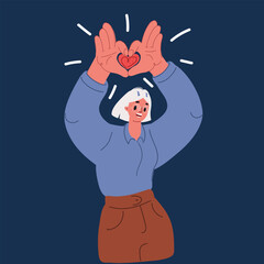 Cartoon vector illustration of woman with hands making sign Heart by fingers over dark background