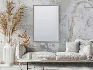 A modern living room featuring a stylish couch, a sleek table, and decorative vases. Interior mockup. Mock up picture in home interior