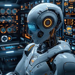 Fototapeta premium Robot working at computer. Futuristic worker. Humanoid call center. Support job and technologies. Futuristic robot with artificial intelligence or AI. High quality AI generated image