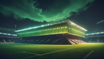 soccer stadium with illumination, green grass and night sky.