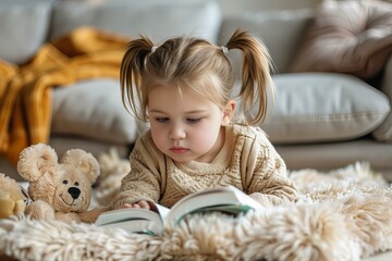 Little girl reading book fluffy rug